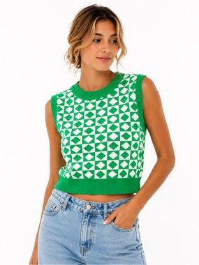 Sunday Up Green Geometric Sweater Vest Crop Top Women’s Size S Knit Sleeveless